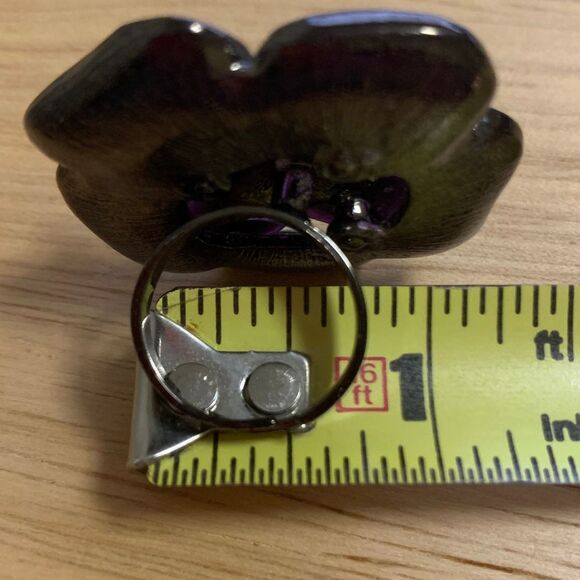 Purple Flower Ring Enamel Petals, Rhinestone Center, Adjustable Band - Picture 4 of 5